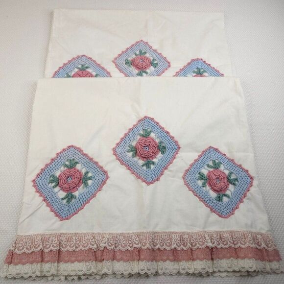 Vintage Set of 2 Crochet Pillow Cases Pink White Ruffled Lace King Sz Victorian
